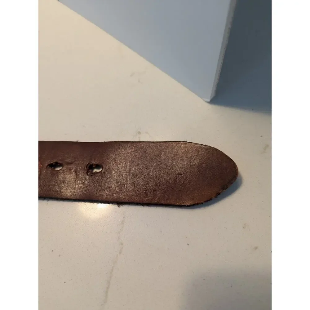 Men's Brown Leather Belt 36 Solid Brass Buckle Fish Embossed
